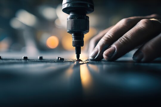 Close-up view of a craftsman working with a drill on a wooden surface in a workshop during daylight hours - Powered by Adobe
