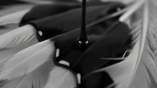 Thick black viscous liquid, like oil or tar, being poured over delicate white bird feathers in a stark monochrome close-up.