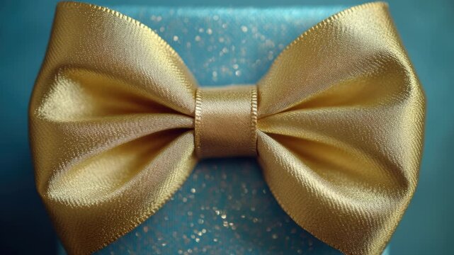 A decorative gold bow tie adorns a bright blue vase