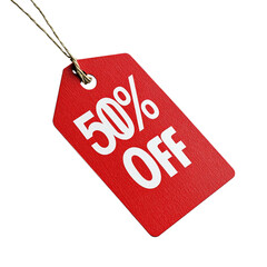 Red sale tag displaying 50% off discount offer on white background  