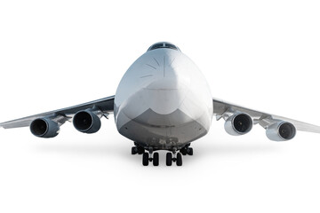 Front view of the white big transport cargo aircraft isolated