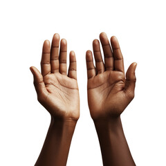Two hands with open palms raised in greeting on white background  