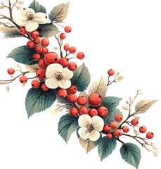 Christmas holiday decoration of a green branch wreath with red holly berries
