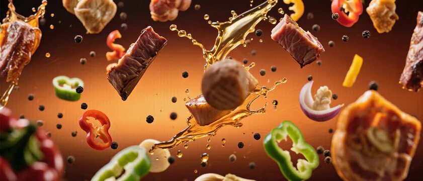 Dynamic Culinary Explosion of Savory Meat Chunks and Vibrant Bell Peppers, Onions, and Spices Suspended in a Golden Oil Splash, Capturing the Essence of High-Energy Cooking