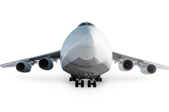 Front view of the white big transport cargo aircraft isolated