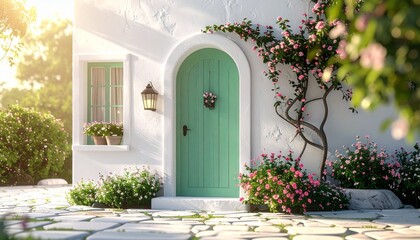 緑の扉と花咲く庭の小さな家｜春・癒し・背景・教育に使える高解像度イメージ
