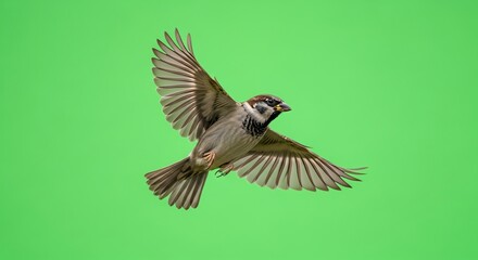 Sparrow in Flight on Green Screen for Digital Design