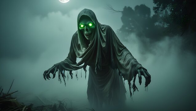 A terrifying specter in the dark forest. A spectral apparition materializing from the mist.