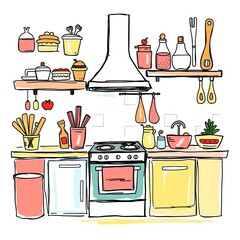 Whimsical kitchen creations sketched with playful lines and vibrant colors ,  fun,  whisk
