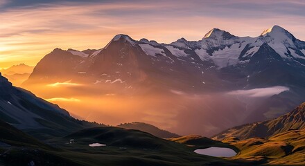 Breathtaking sunrise over the majestic swiss alps mountain range scenery