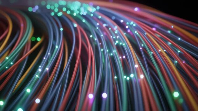 A macro moment is caught moving across glowing fiber optic cables showing global connectivity