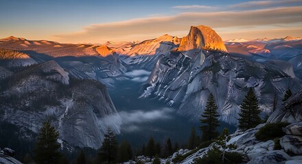 Half dome at yosemite national park during a colorful sunset in california