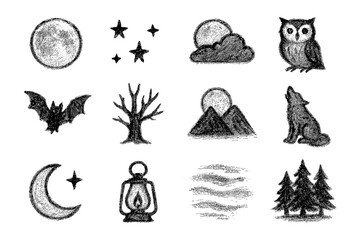 Obraz premium Rustic chalk style nighttime elements featuring moon, stars, and forest creatures