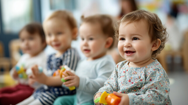 Adorable toddlers playing together learning alphabet colorful letters faceless youngsters defocused daycare background early childhood education preschool development childcare