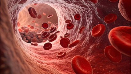 A dynamic, hyper-detailed cross-section of a human blood vessel pulses with life thousands of red blood cells—smooth, biconcave discs in deep crimson and ruby-red—flow in seamless