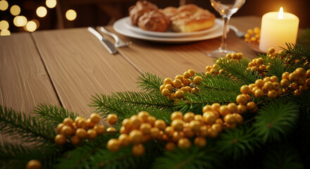 Table setting with food, glass, candle, and festive decoration. Represents a holiday, celebration, or special occasion with a warm atmosphere