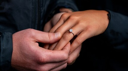 Couple holding hands with wedding rings, celebrating love and commitment.