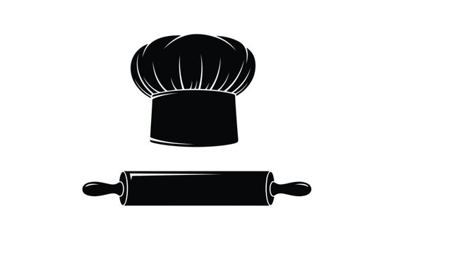 Black silhouette of classic pleated chef hat floating above a wooden rolling pin, professional baking tools icon, simple flat vector art design, isolated on white background