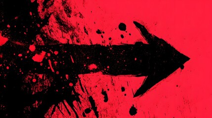 Bold black arrow design created with rough brush strokes and paint splatter against a vibrant red background