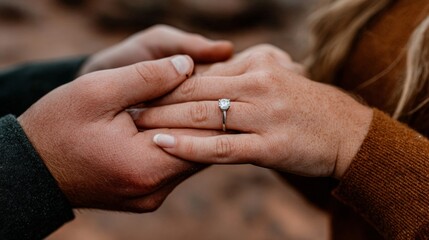 Couple exchanging wedding rings during a handshake.