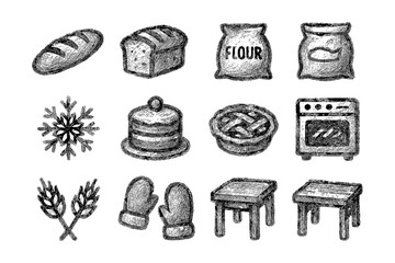 Hand drawn baking elements: bread, flour, oven, and more culinary icons in charcoal style