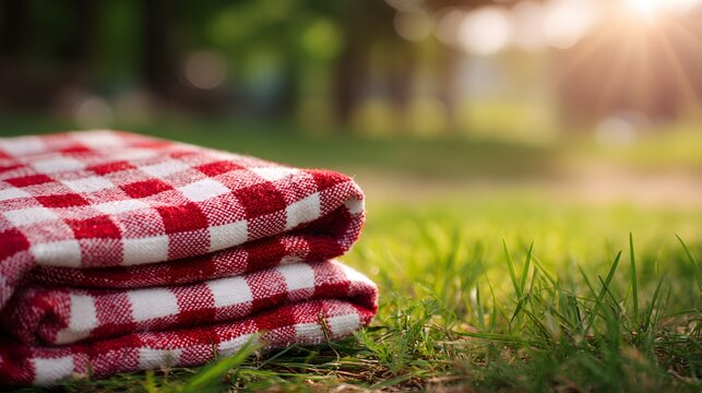 Folded red and white checkered fabric rests on vibrant green grass during sunset
