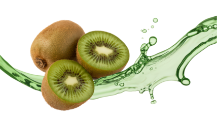Juicy Kiwi Fruits with Green Juice Splash and High Vitamin Content Showing Healthy Living Isolated on Transparent Background Studio Shot for Food Advertising Use Now