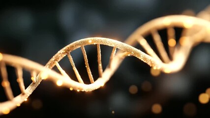 Glowing abstract DNA double helix defocused strand golden, faceless genetic visualization, particles visualization detail, blurred dark background, molecular concept, research inte - Powered by Adobe