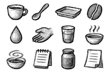 Sketch style coffee icons collection featuring cups, beans, and related items