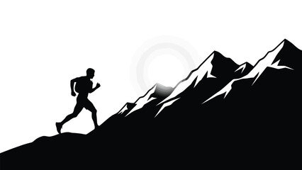 Silhouette of athletic man trail running uphill on rugged mountain terrain against rising sun, extreme sports vector art, minimalist logo design, isolated on white background