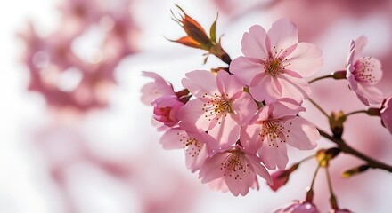 Delicate pink cherry blossom flowers blooming on a branch, bathed in soft sunlight, symbolizing spring and new beginnings