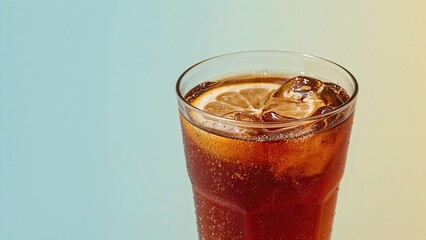 A glass of iced soda with lemon slices against a pastel background. Refreshing cold drink, beverage. The concept of cold drinks and refreshment.