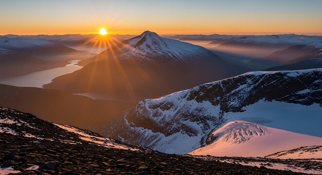 Sun rising over snowcapped mountain peaks with a lake in the distance - Powered by Adobe
