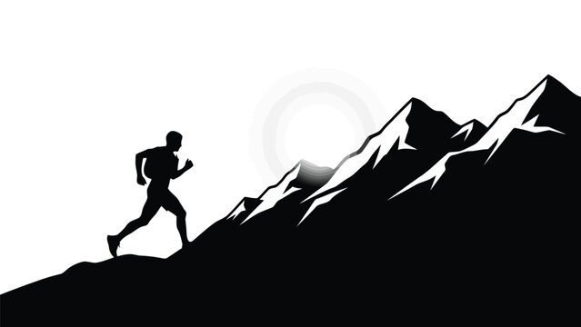 Silhouette of athletic man trail running uphill on rugged mountain terrain against rising sun, extreme sports vector art, minimalist logo design, isolated on white background - Powered by Adobe