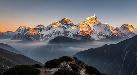 Snowcapped peaks of ama dablam mountain range glowing at sunrise in nepal