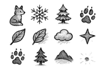 Chalk style nature icons: animals, trees, and weather elements