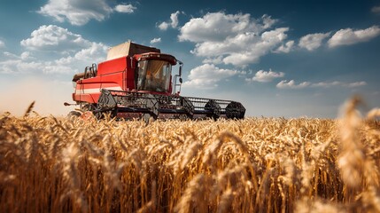Obraz premium Agricultural machinery harvests ripe grain under a dramatic summer sky