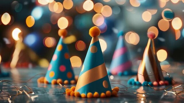 Bright festive hats with pom-poms on the table, surrounded by glitter and lights, create a cheerful atmosphere, perfect for the backdrop of New Year's or children's events.
