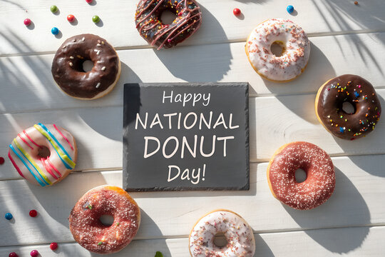 National Donut Day celebration with assorted donuts and colorful candies around bold black sign on white wood surface in bright natural light generative ai
