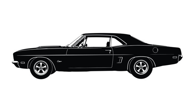 Silhouette side view of classic American muscle car, vintage coupe with stylized wheels and hood scoop, clean vector art, logo design, isolated on white background