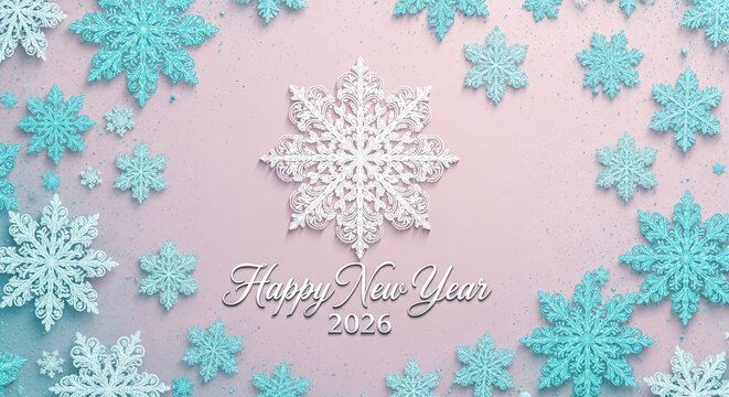 Ornamental snowflake pattern, blue and white, over pink texture. Festive, celebratory winter design, representing New Year, holiday atmosphere and joy - Powered by Adobe