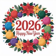 Happy New Year 2026 Festive Wreath with Poinsettias and Ornaments