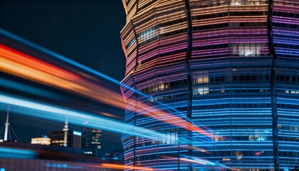 Medium shot of a modern building facade illuminated by vibrant LED lights showcasing dynamic patterns and color shifts that enhance the urban nighttime atmosphere.