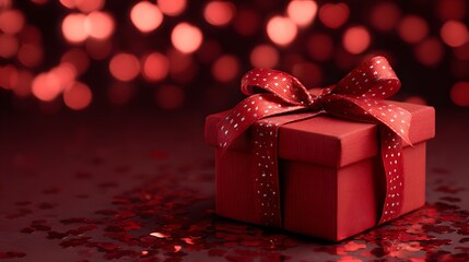 Single red gift box sits upon a surface scattered with reflective accents against a dark, blurry red background.
