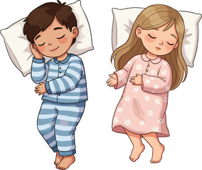 Adorable children sleeping peacefully, boy and girl in pajamas, cute bedtime illustration, cozy night rest, sweet childhood dreams, vector cartoon artwork