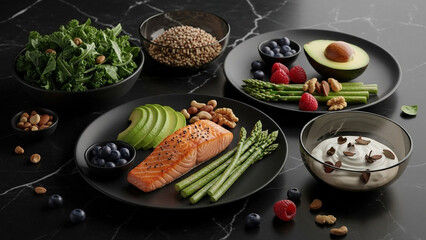 Healthy Eating Salmon with Asparagus, Avocado, and Berries for a Balanced Diet