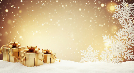 Three gold gift boxes on white snow with ribbons, snowflakes and blurred light background, symbolizing Christmas celebration and holiday season