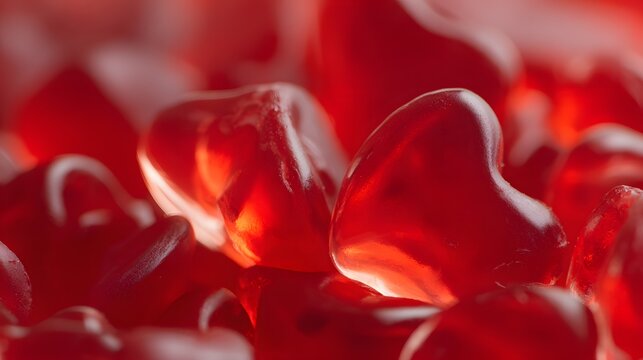 Pile of translucent red heart shaped gelatin candies illuminated with soft internal light - Powered by Adobe
