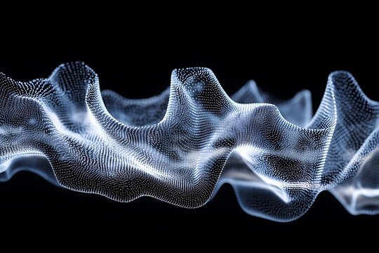 Glowing particle waves create a flowing data visualization on a dark digital background with subtle motion