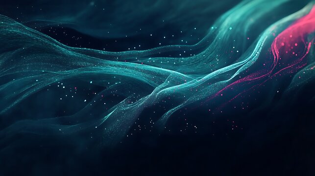Glowing teal light trails with sparkling particles flow across a dark mystical space creating an ethereal scene